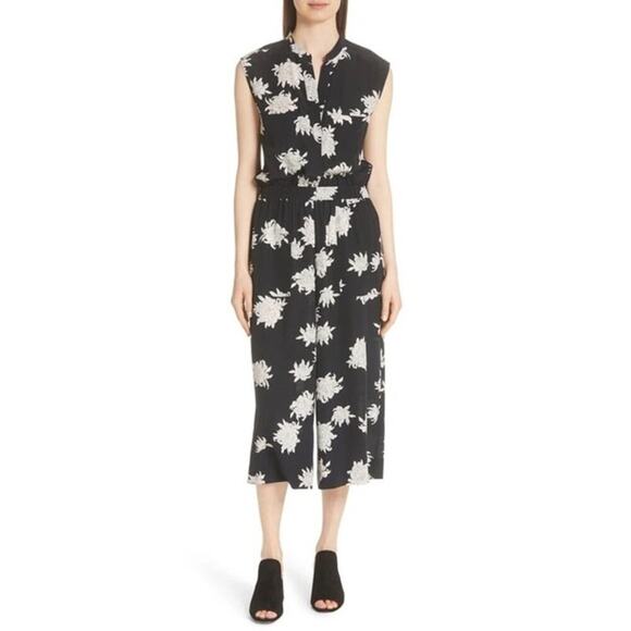 VINCE Chrysanthemum Black & White Print Floral 100% Silk Jumpsuit Size Large - Picture 4 of 12
